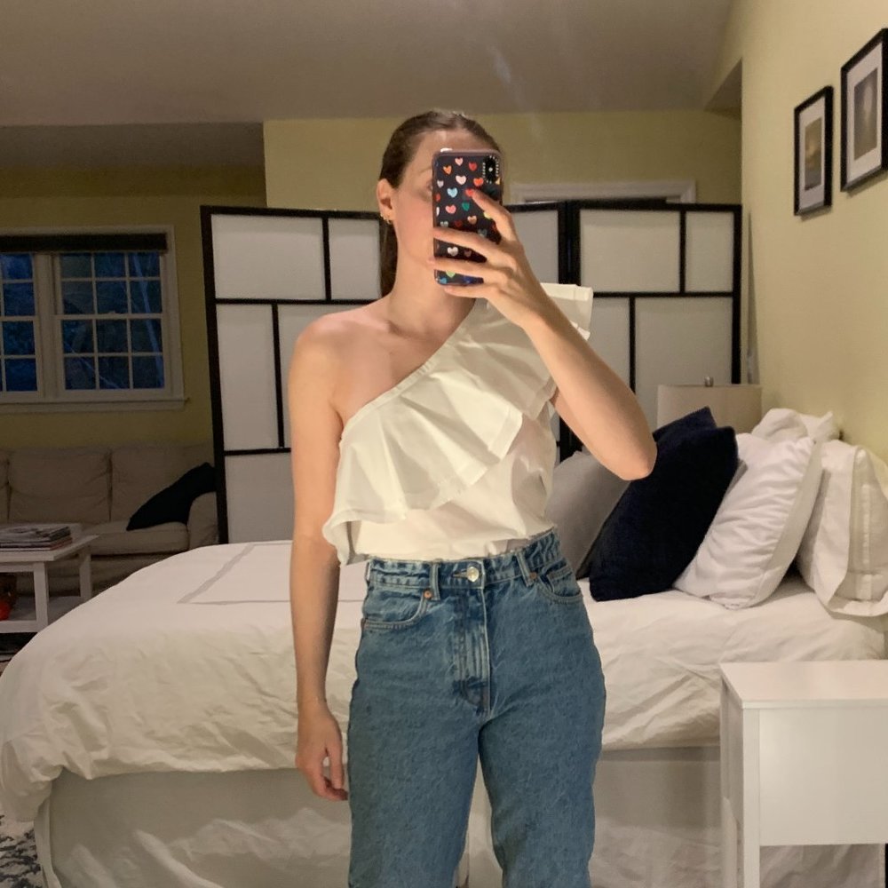 White Ruffle Asymmetric One Shoulder Tank Top